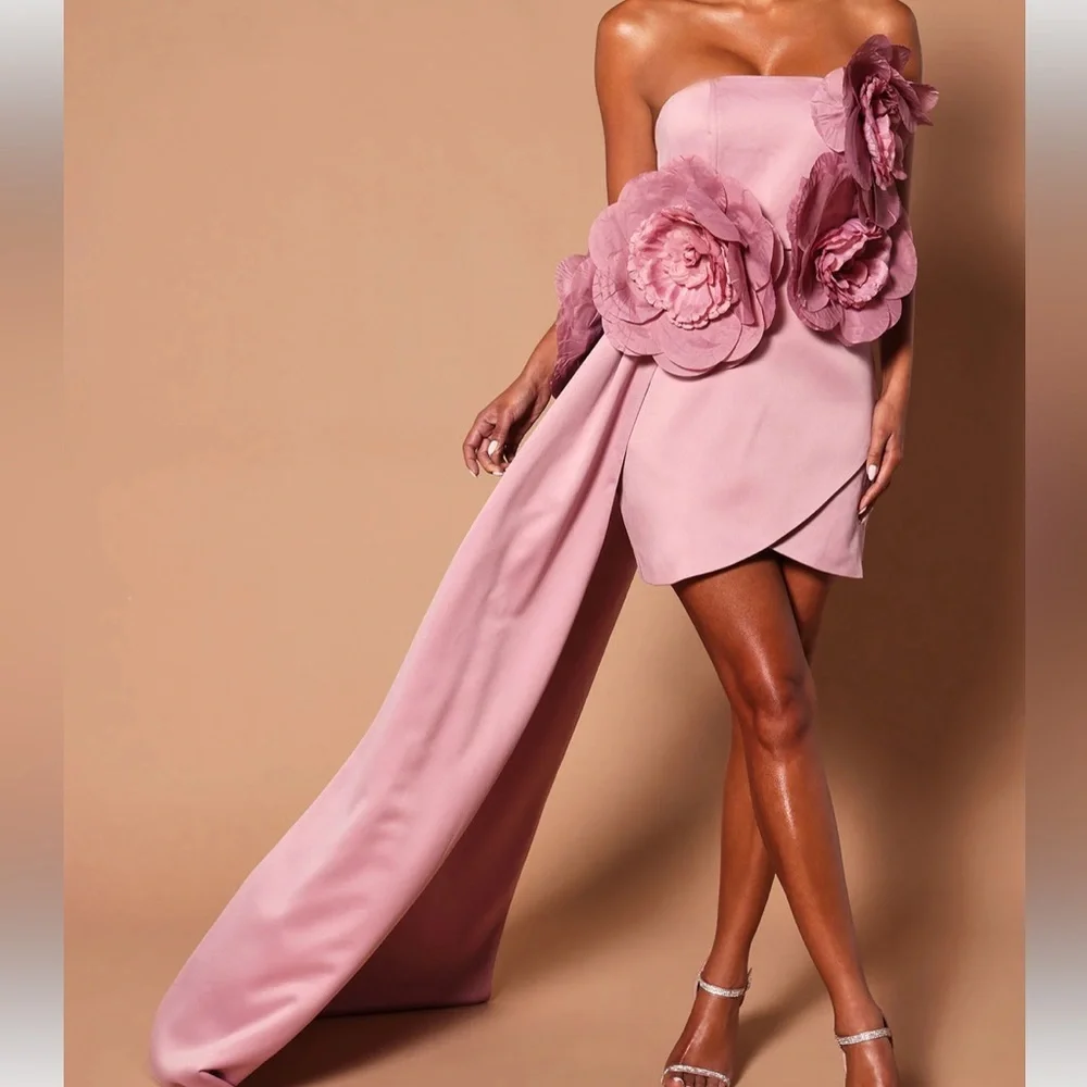 Draped large flower appliqués mini formal dress light pink - Picture 1 of 4